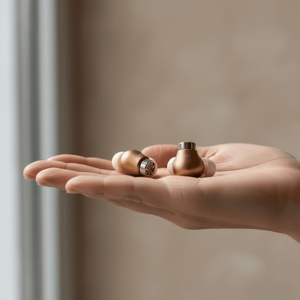 Woman touching ear with gentle expression of relief