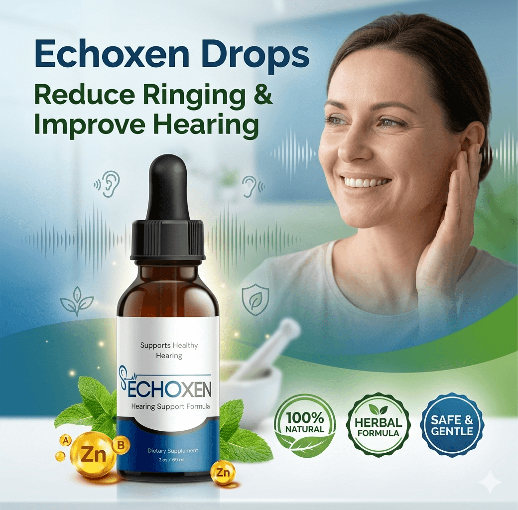 Echoxen hearing support drops bottle with a smiling woman touching her ear and herbal leaves.