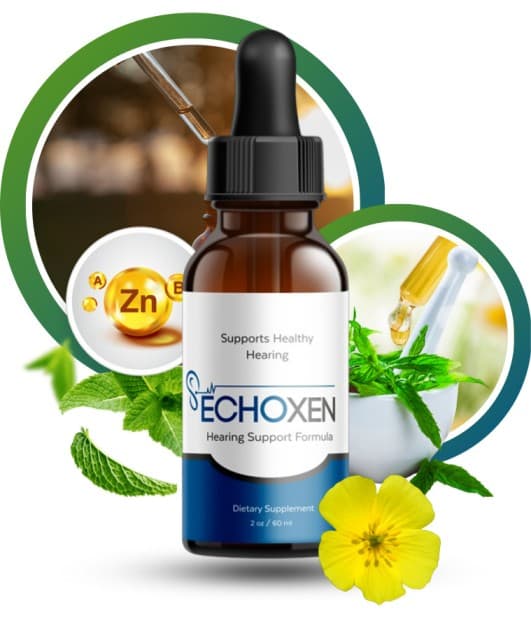 Echoxen hearing support supplement bottle with dropper, mint leaves, yellow flower, and zinc icon.